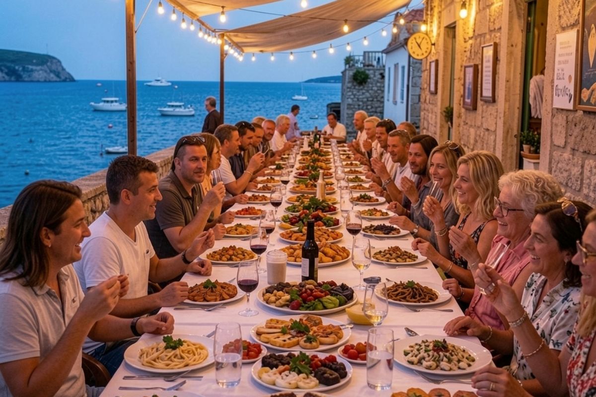 Notte d'estate durante una sagra, tavolate all'aperto con piatti tipici e luci calde a La Maddalena